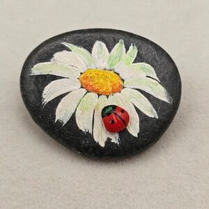 Hand Painted Stone Brooch Pin Daisy Ladybug Black White Floral Odette Artisan